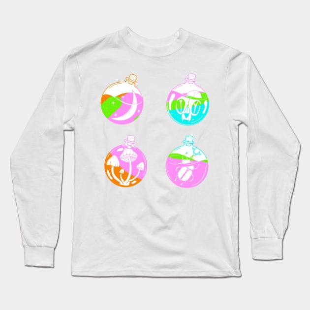 4 potion viles with a moon, cat skull, mushrooms and a scarabey inside cute gift Long Sleeve T-Shirt by AnanasArt